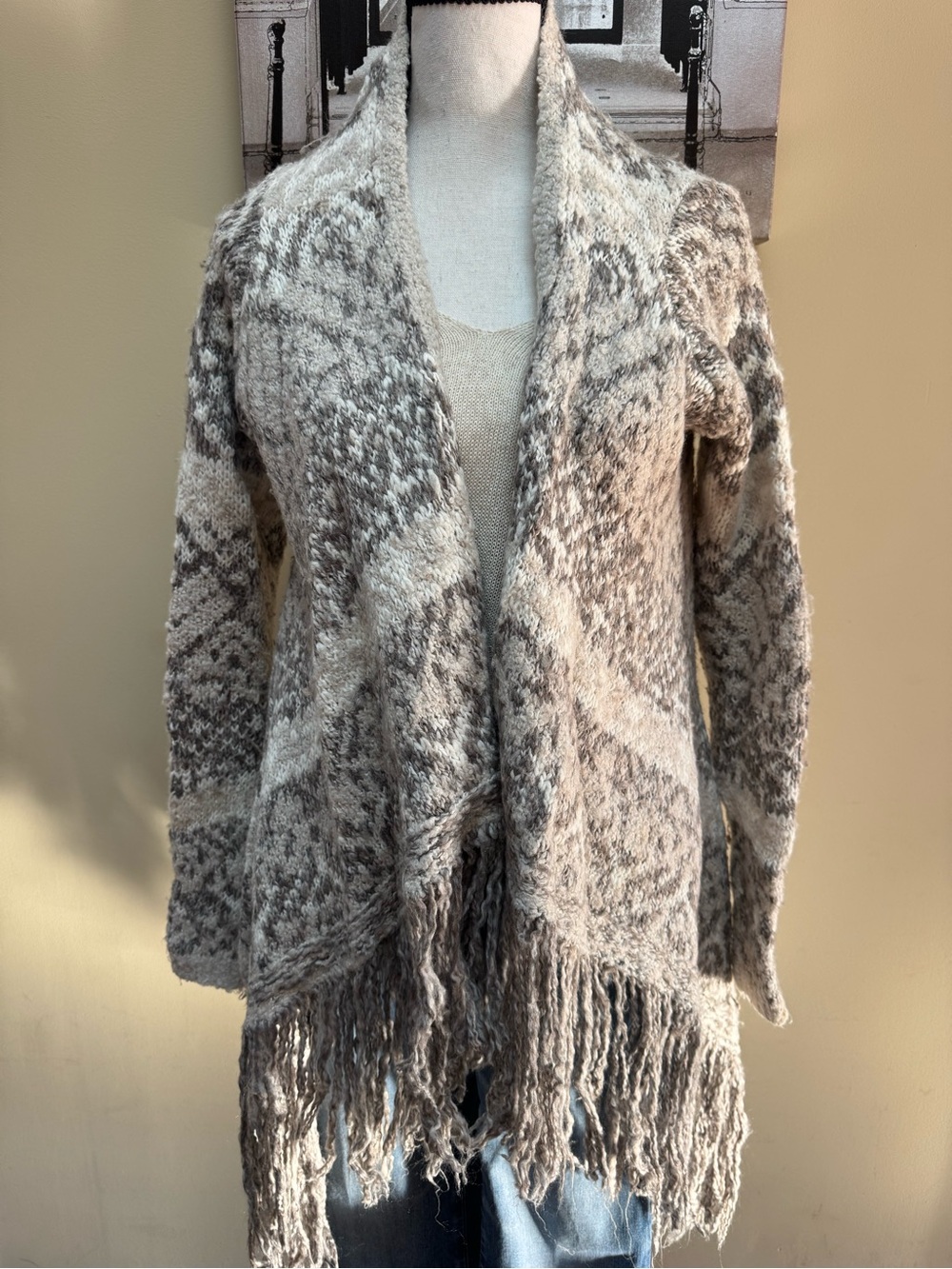 Abercrombie & Fitch Cream and Gray Fringe Open Knit Cardigan